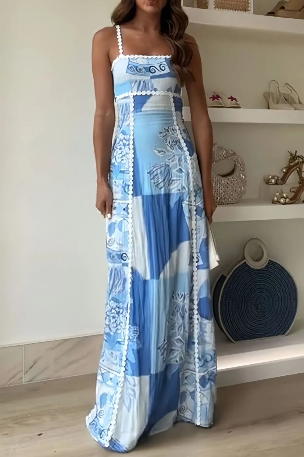 Sophie – Cutout back printed square neck maxi dress