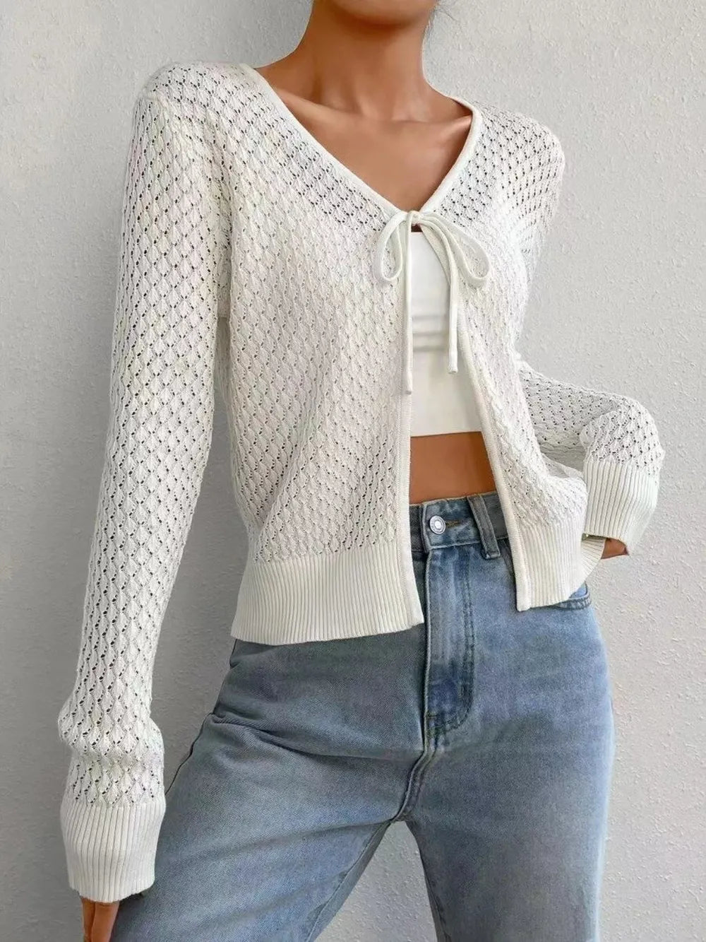 Marie – Tied openwork v-ausschnitt langärmliger cardigan