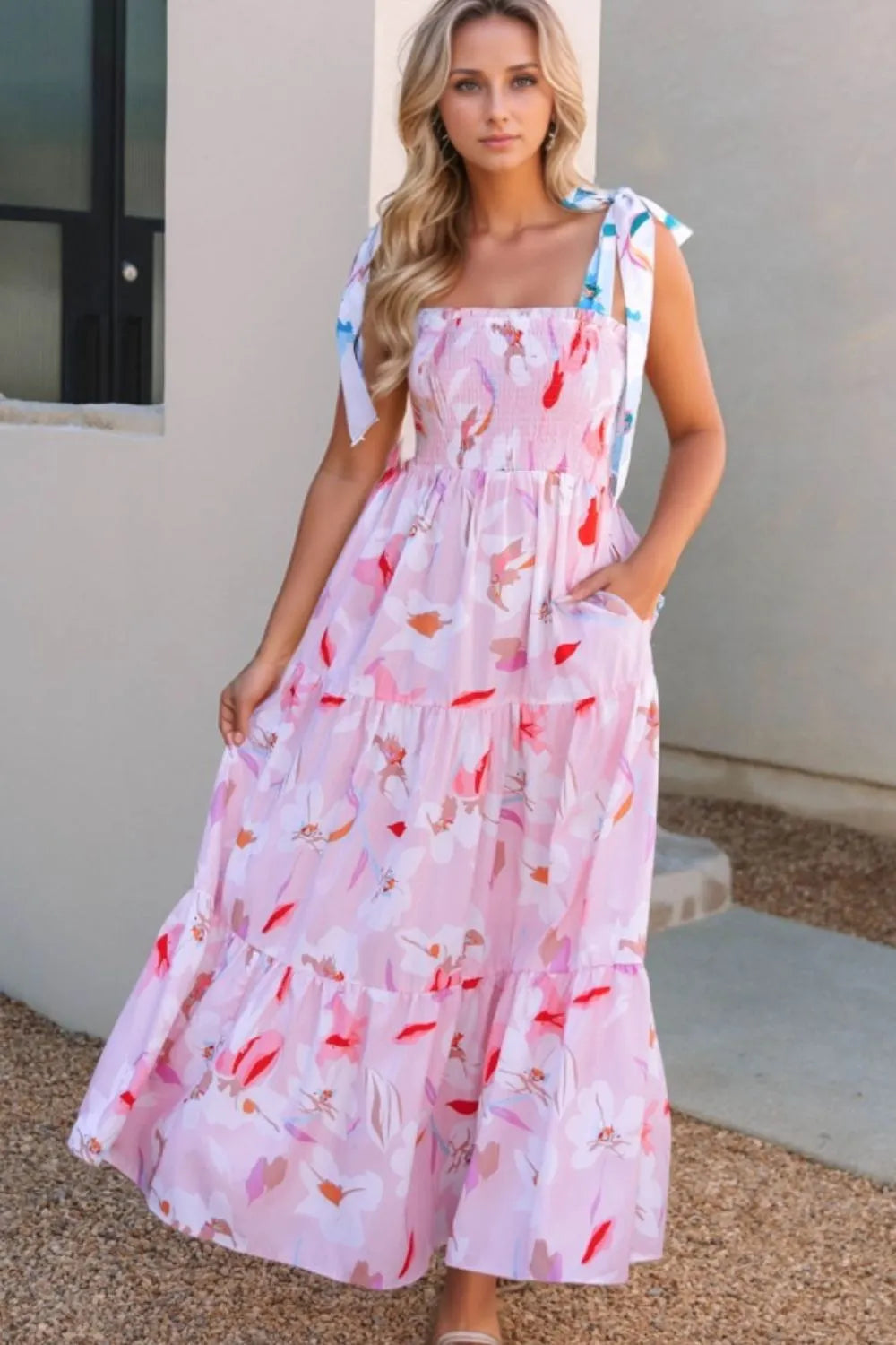 Julia – Floral Print knoten-schulter smocked maxikleid