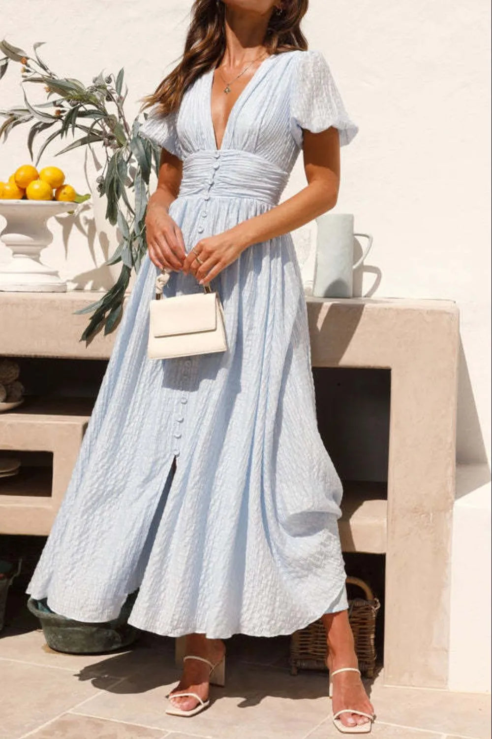 Mathilda – V-Ausschnitt Midi Kleid mit Puffärmeln