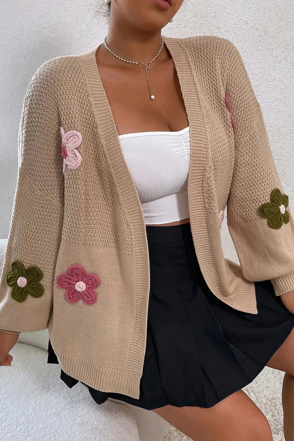 Hanna – Floral Applique Drop Shoulder Open Front Cardigan