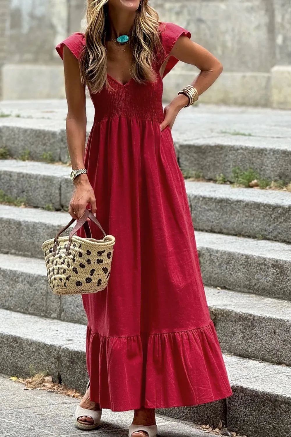 Rosa – Smocked Tiered Cap Sleeve Maxi Dress mit Volants
