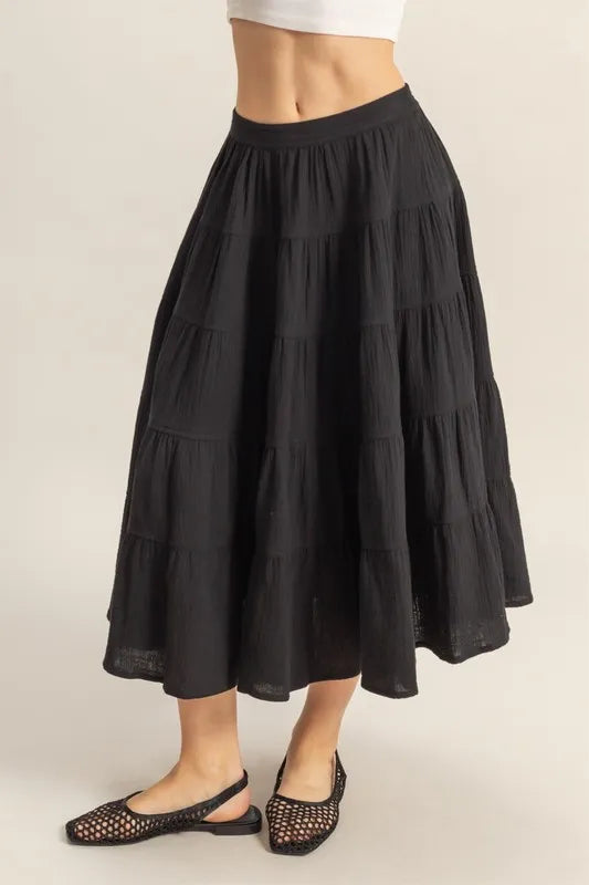 Sarah – HYFVE Double Gauze Midi Rock mit Taschen und Stufen