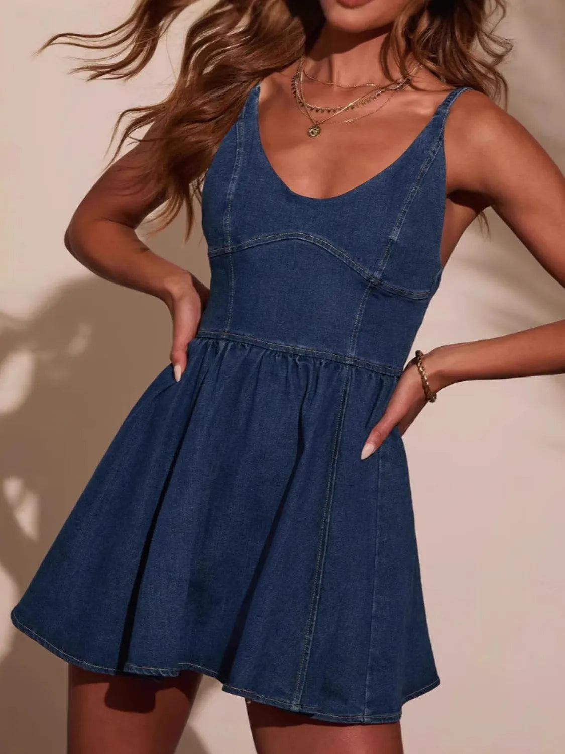 Clara – Smocked Back Adjustable Strap Denim Mini Dress