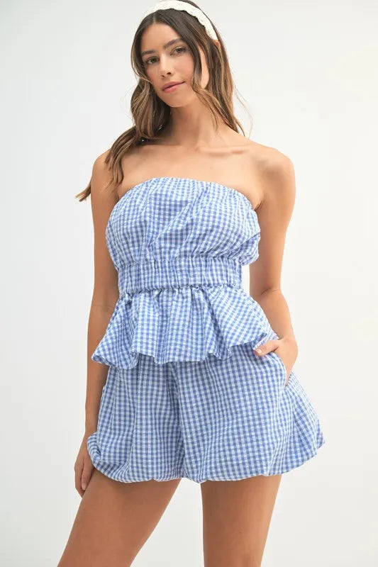 Antonia – Mable gingham tube top und shorts set mit rüsche