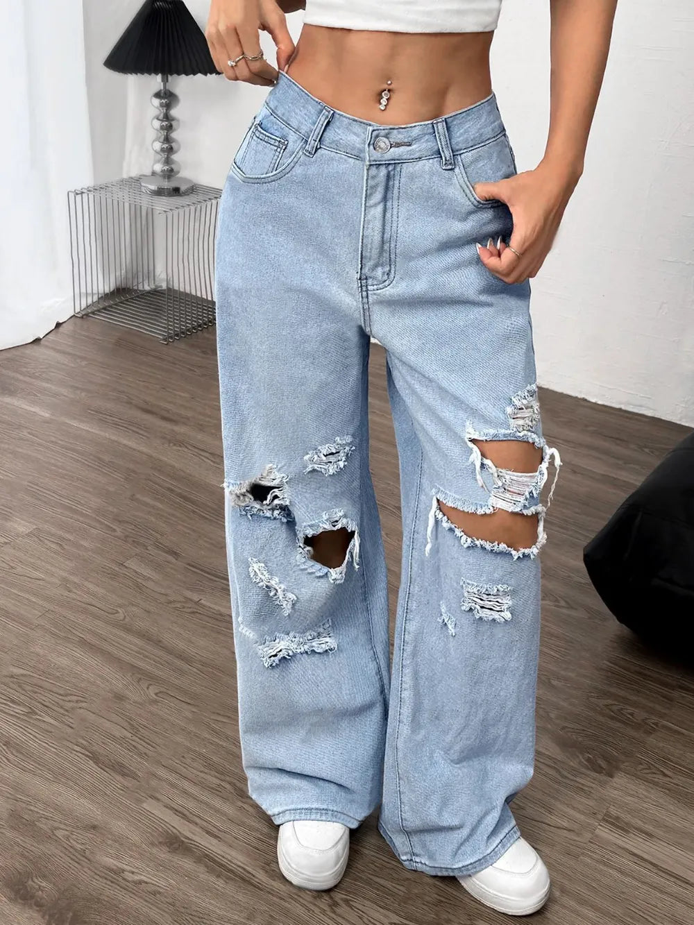 Melina – Distressed Wide Leg Jeans mit Taschen und Komfort